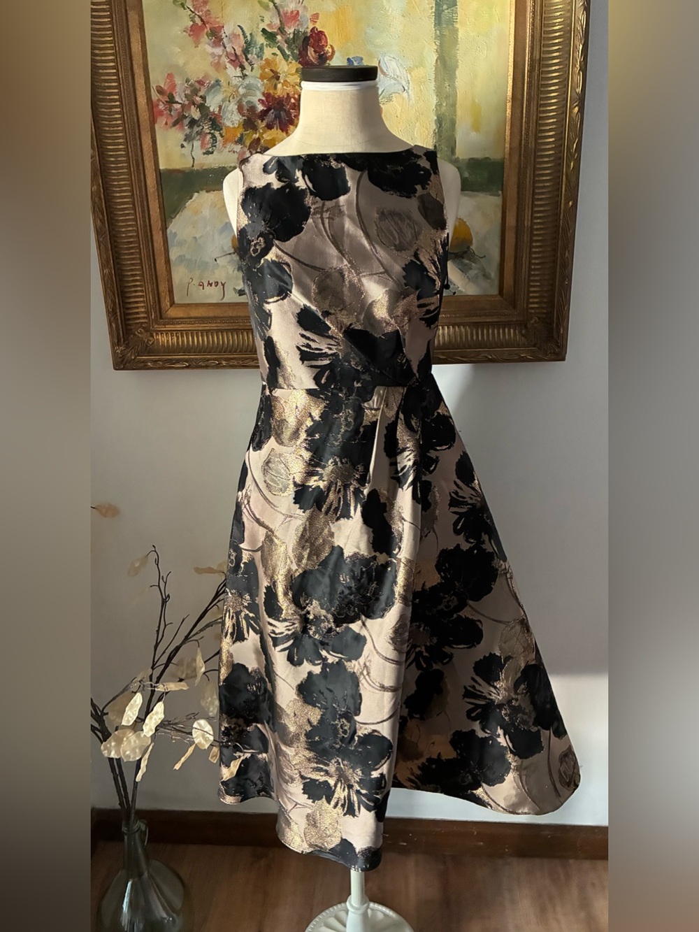 Adrianna Papell Gold Black Jacquard Sleeveless Cocktail Dress Size 0